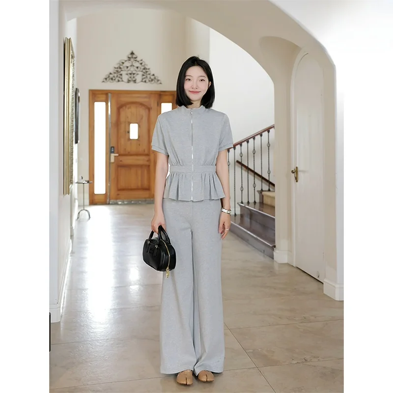 

Свободный хлопковый жакет с кружевной отделкой по низу и эффектом утяжки талии, повседневный комплект из двух предметов для женщин