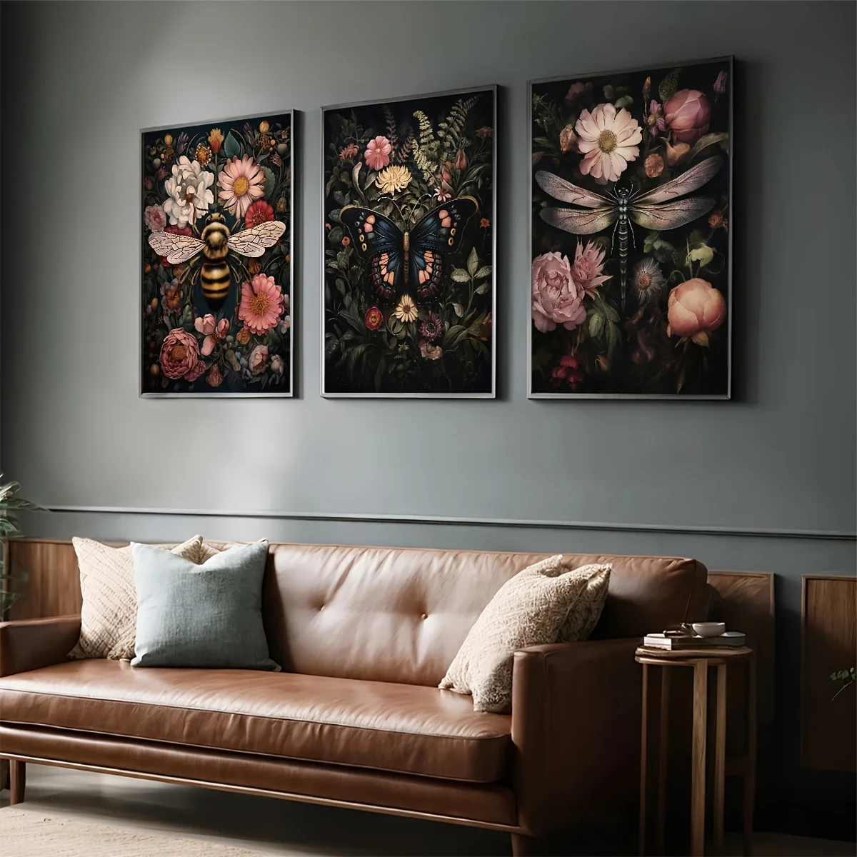 （NOframe 3PCS）-Set of 3 Butterflies, Bees, Dragonfly Insect Wall Art Decorative Painting in Garden, Insect Specimen Art, Flor