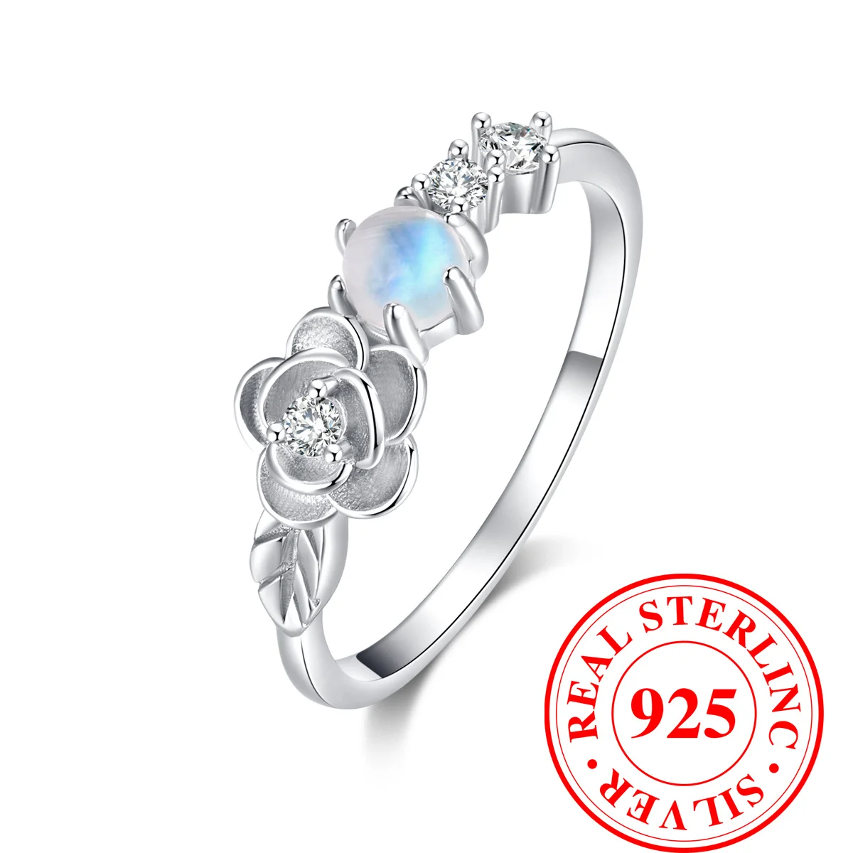 Cute Female Small Round Nature Moon Stone Flower Ring Vintage Real 925 Sterling Silver Wedding Jewelry For Women