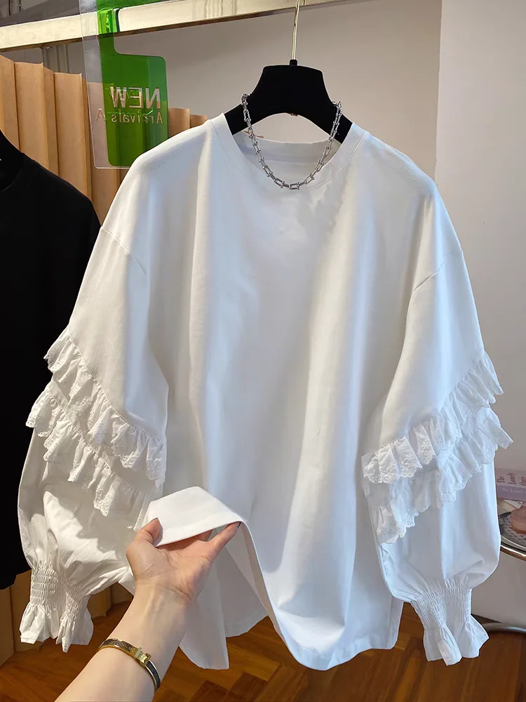 

White round Neck Lantern Sleeve Doll Shirt Long Sleeve Loose Fit Hoodie Women's Autumn New Style plus Size Bell Sleeve Top