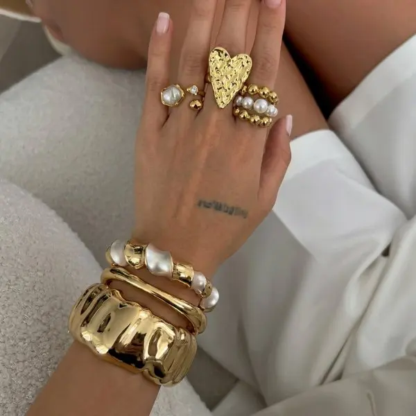 Exaggerated Heart Geometric Bracelet Open Ring Set for Women Stackable Sun Imitation Pearl Cuff Adjustable Party Jewelry Gift