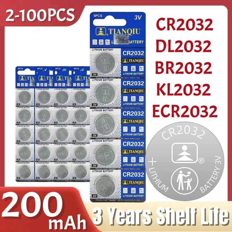 2-100PCS CR2032 3V Coin Cells Batteries CR 2032 DL2032 BR2032 KL2032 ECR2032 200mAh Lithium Button Battery For Watch Remote Key