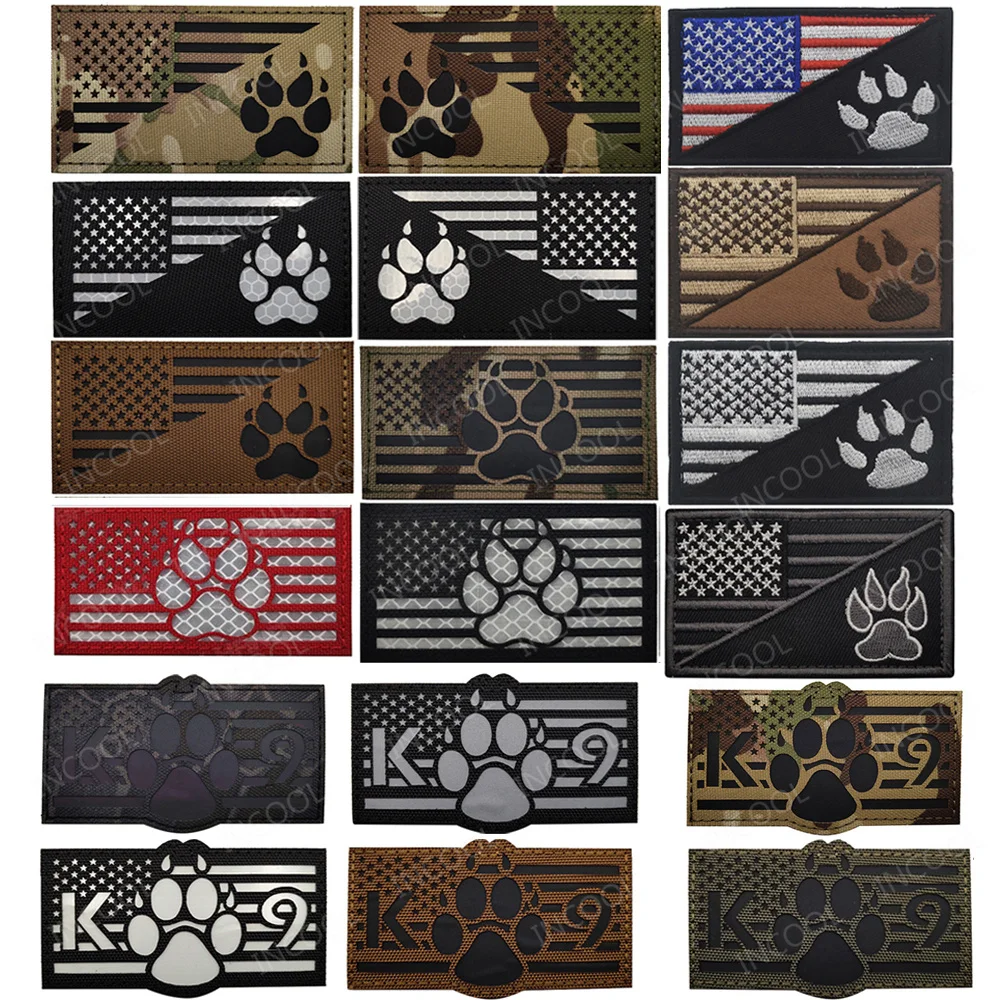 USA US American Flags K9 Service Dog Infrared IR Reflective Embroidery Patches Tactical Patch Appliqued Badges