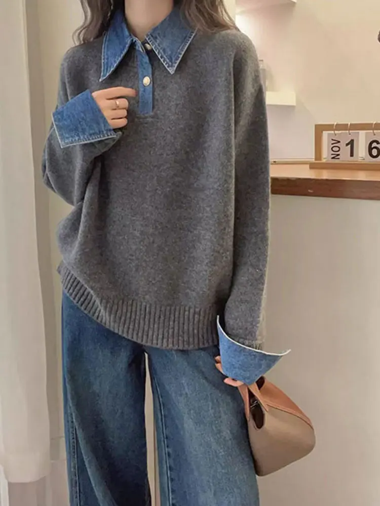 Suéter de Punto con Cuello Alto para Mujer, Holgado, de Manga Larga, con Parches de Mezclilla, Estilo Casual, Moda de Inviern...