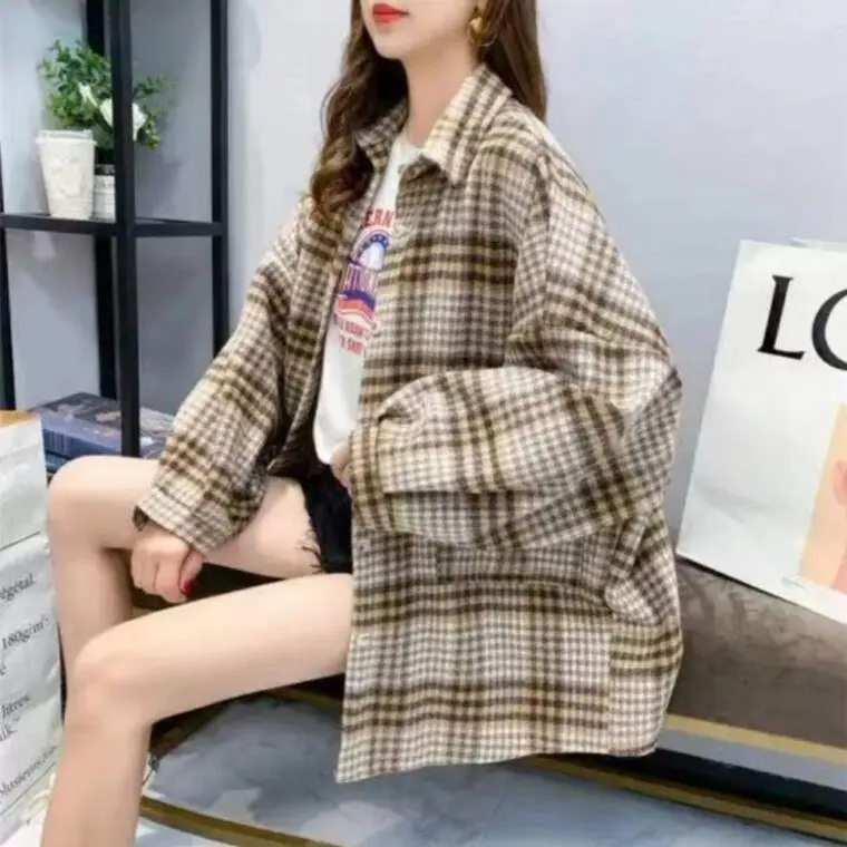 Woolen and Thickened Woolen Plaid Shirt for Women Loose Medium to Long Style New Hong Kong Style Versatile Shirt Jacket Trendy