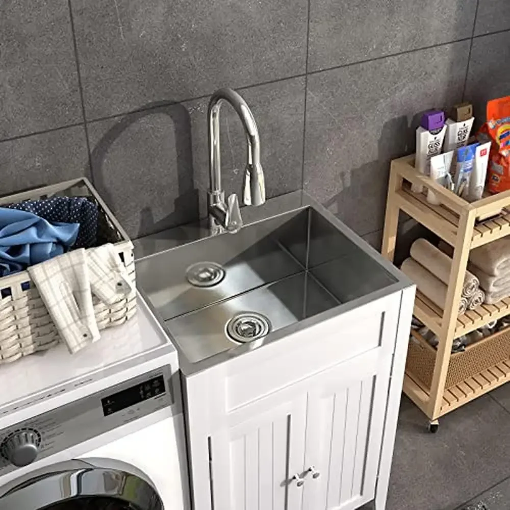 Laundry Utility Sink Cabinet Set Stainless Steel Sprayer Faucet Storage White Kit Drainage Easy Assembly House Cleaning Solution