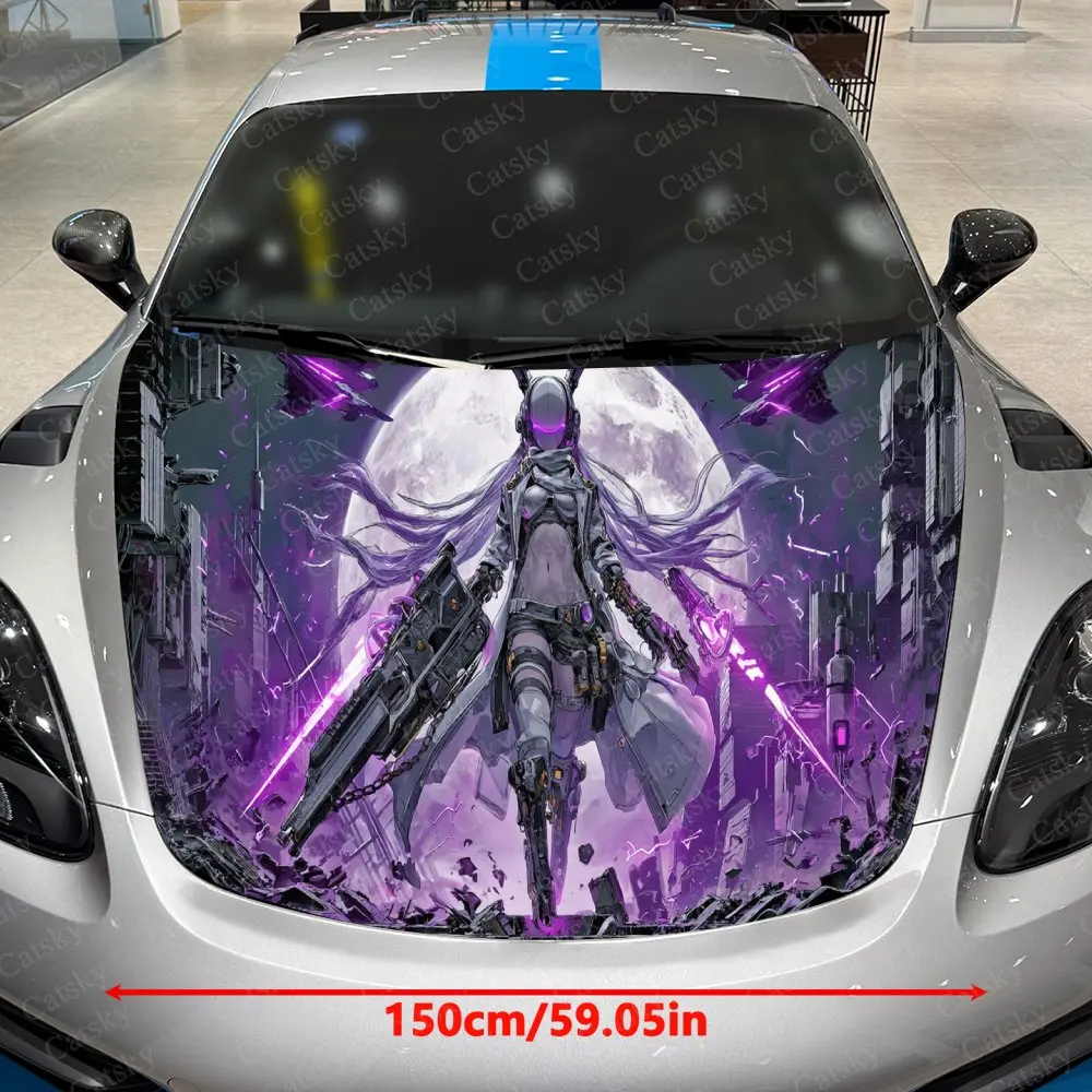 Cyber Bunny Warrior Car Vinyl Wrap, PVC Material Waterproof Car Hood Sticker, Self-Adhesive Scratch-Resistant Stickers for Engin