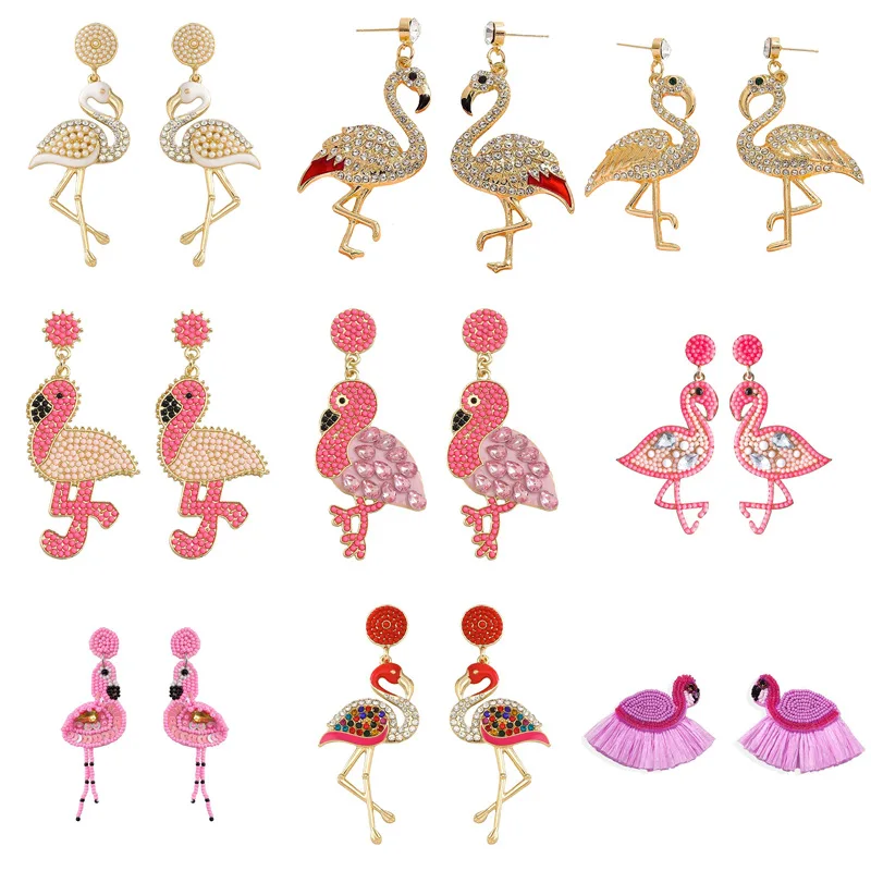 Summer Summer Beach Diamond Flamingo Earrings Retro Exaggerated High-end Diamond Personalized Earrings