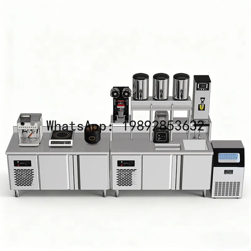 

Commercial milk tea prep table stainless steel refrigerated work table integrated cabinet coffee shop bar
