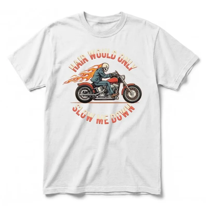 2026 Hair Would Only Slow Me Down Skull Motorcycle T Shirt Unisex Vintage Tee Casual Short Sleeve Streetwear Tops for Men Women