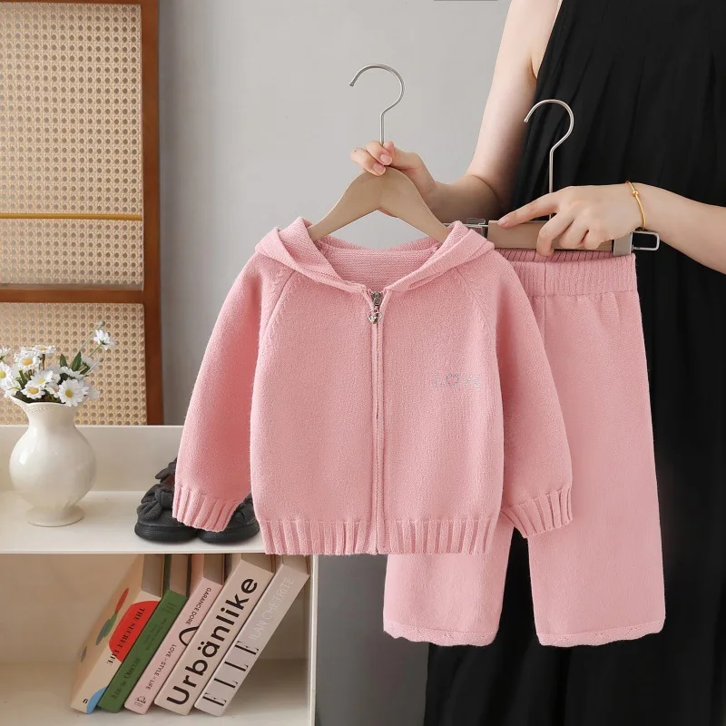 

2025 Winter New Children Long Sleeve Knit Sweater Set Girls Hooded Coat Zipper Cardigan + Pants 2pcs Suit Kids Casual Outfits
