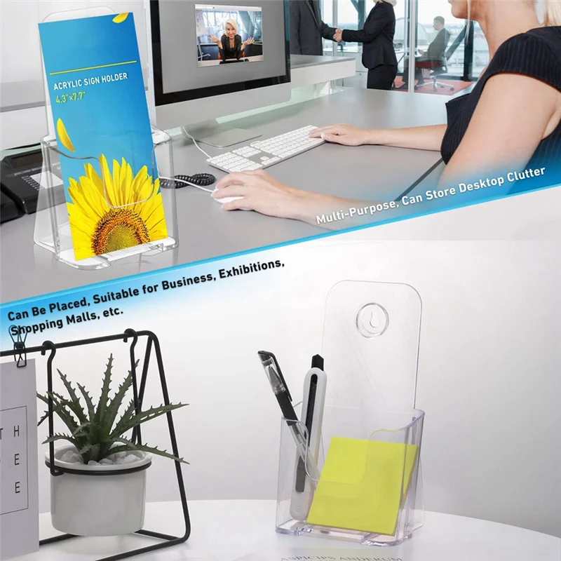 Acrylic Brochure Holder Slant Back Design, Clear Display Stand, Plastic Table Stand Sign Holder 2 Pack Durable Easy To Use