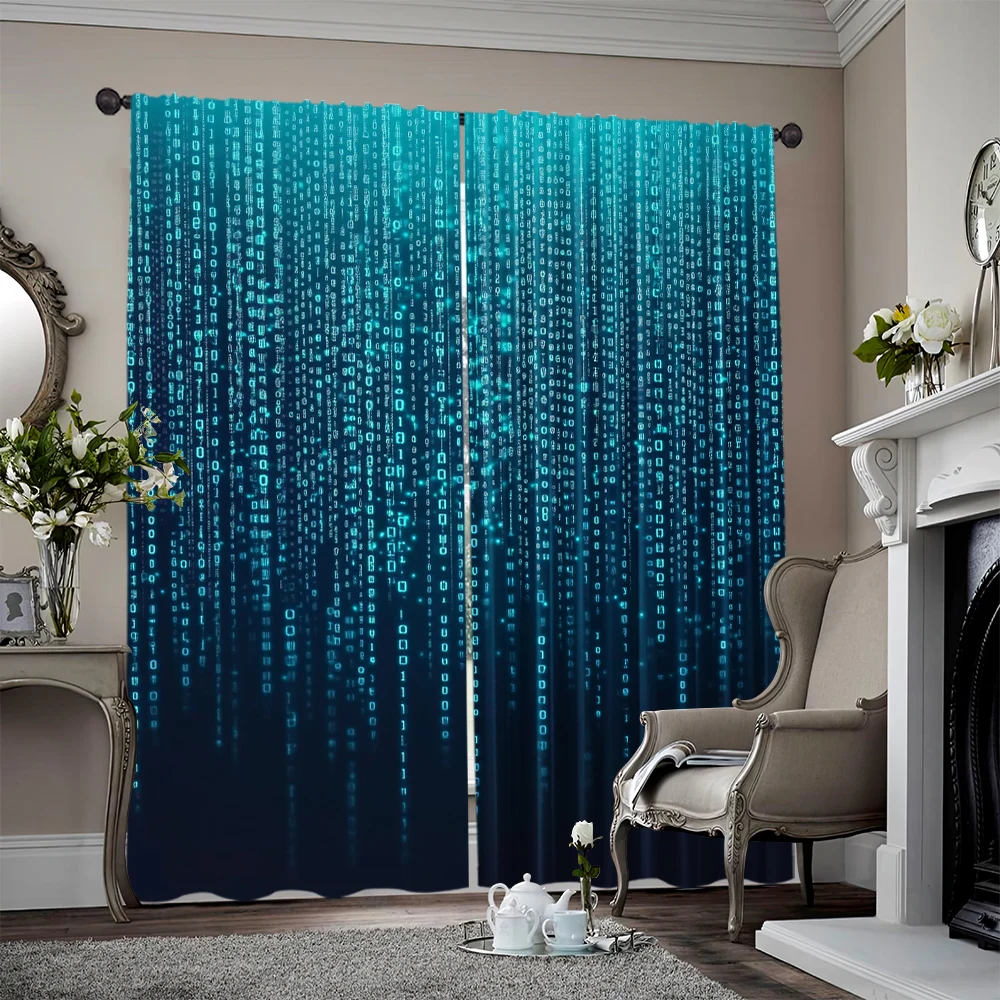 2pcs, 2D flat printing Window Drapes Future Matrix of Digital Network Computer Programs Blackout Polyester Family Party for