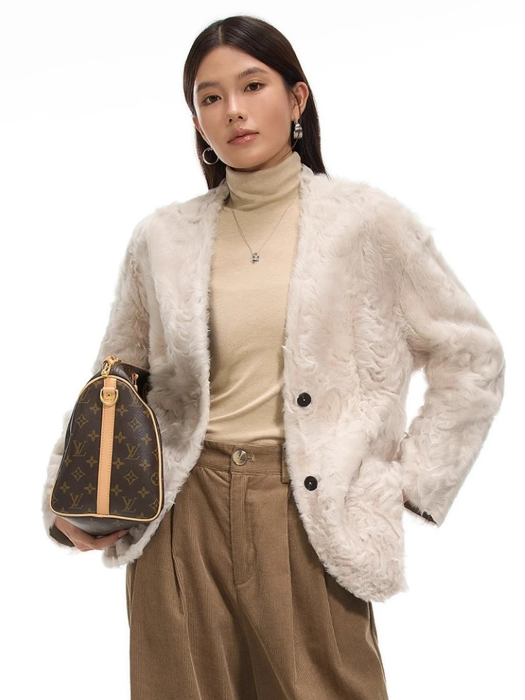 Vestes de luxe en peau d'agneau naturelle pour femmes, haut de gamme, nouveau manteau classique Simple, col en v, en cuir véritable, en peluche, 2025