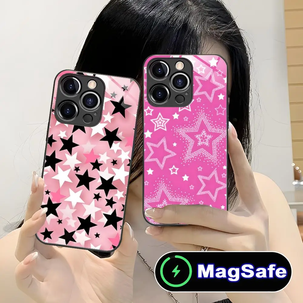 

Pastel Pink Star Pentagram Phone Case for iPhone 16 15 14 13 12 11 Pro Max Plus Mini MagSafe Glass Colour Protective Smartphone