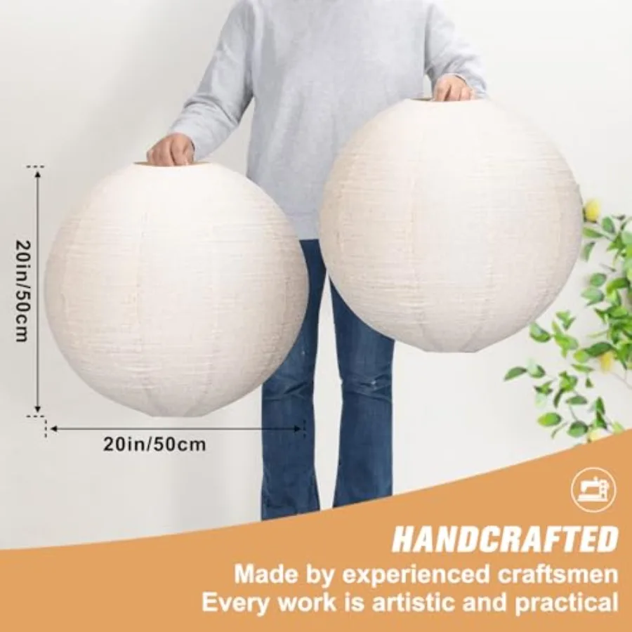 -2PCS Hanging Lamp Shade Can replace Large paper lantern 20INCH Linen Pendant Light Shade Round Off-White Handmade Fabric Lamps