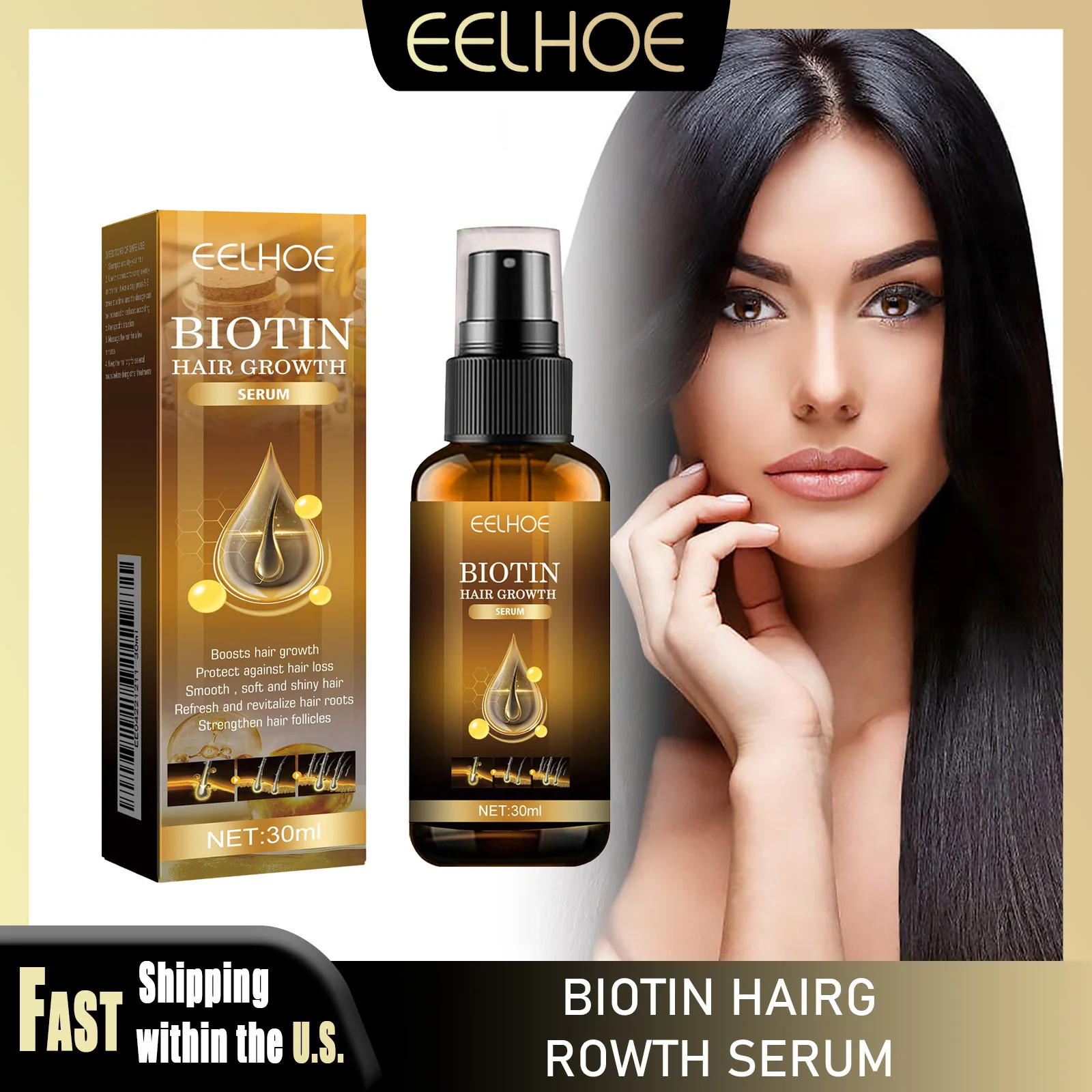 

EELHOE 30ml Biotin Hair Growth Essence Spray Scalp Strengthening Anti-hair Loss Nourishing Hair Follicles For All Hair Types