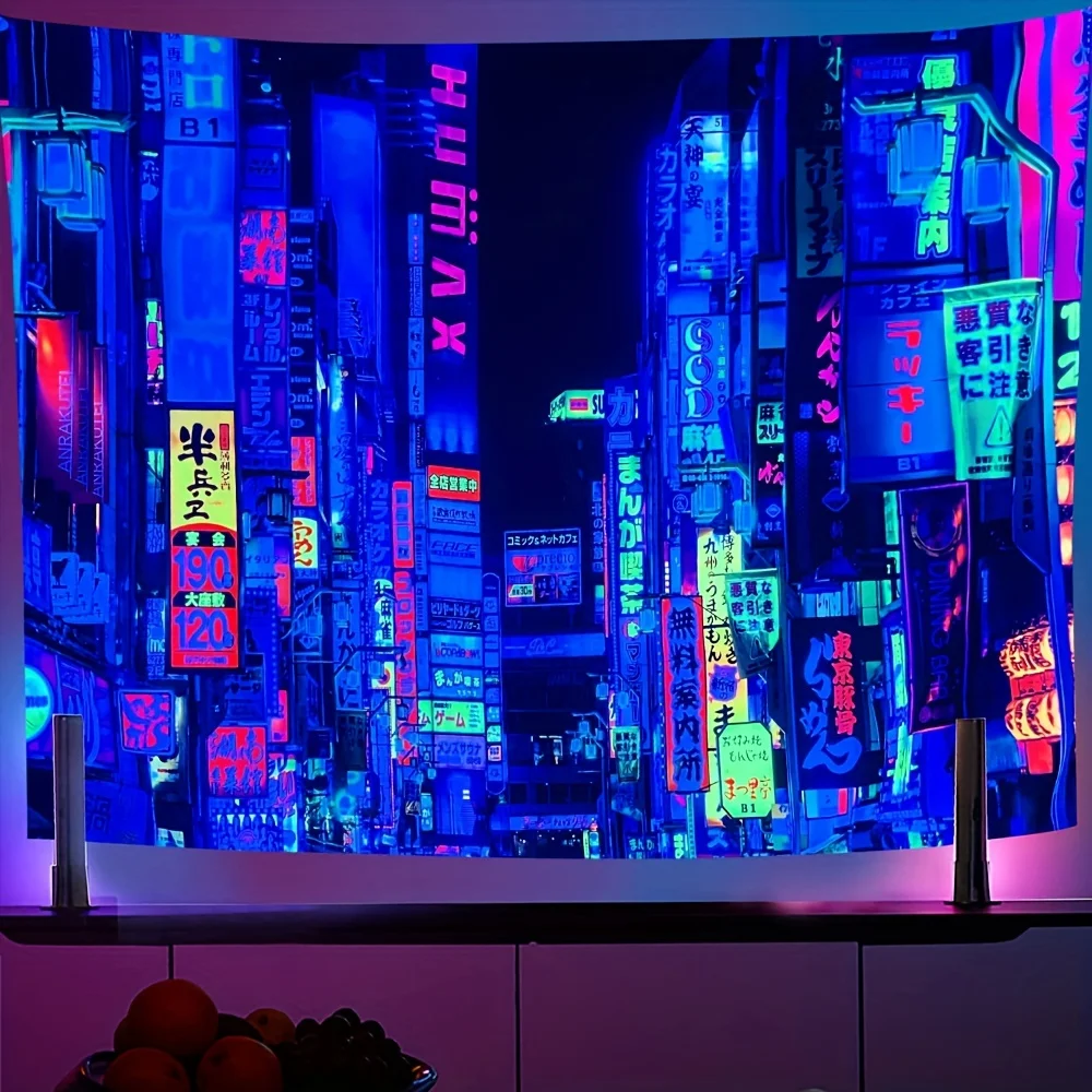 Neon Cityscape Tapestry - Vibrant Nighttime Urban Scene with Colorful Signs for a High-Elegance, Modern Ambiance, Perfect