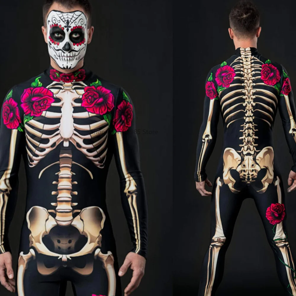 

Grim Reaper Full Body Skeleton Costume Men Day of the Dead Jumpsuit Neon Cosplay Zentai Stage Performance Bodysuit