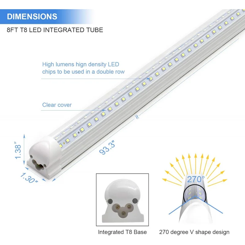 Imagem -03 - Tubo de Luz Led Integrado Forma de v Rendimento Elevado Plugue de Tampa Transparente Luminárias 90w t8 10 Unidades 8ft 6500k 12000lm