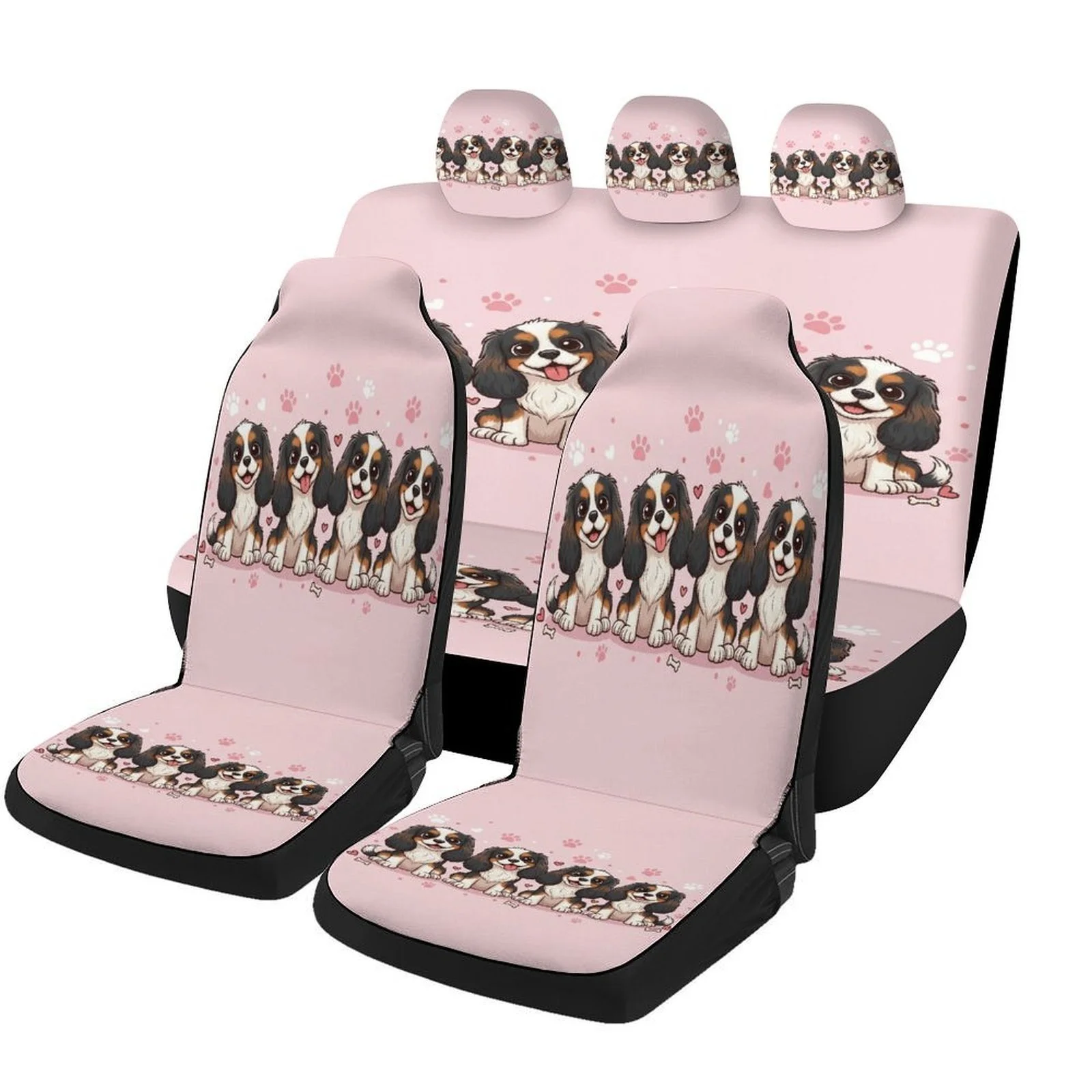 Puppy Friends Themed Car Seat Cover Set - Cute Puppy & Dog Design, Fit For Most Cars, All-Season Protection, Machine Washable, D