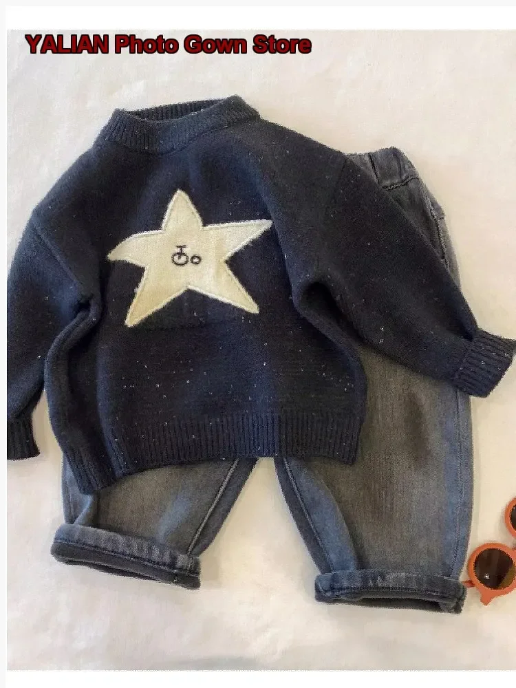 Boys Pullover Sweater Toddler Round Neck Knit Top Solid Color Thickened Warm Base Layer Top with Stitched Star Design