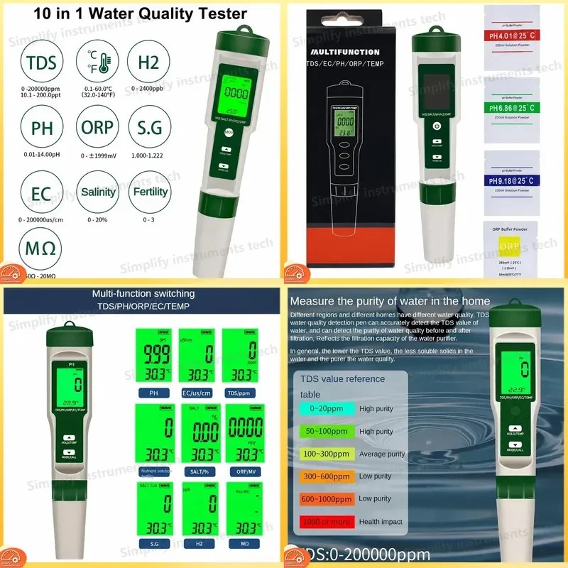 10 in 1 Water Quality Tester pH EC TDS ORP Hydrogen Fertility Salinity Specific Gravity Resistivity Temperature for Aquarium
