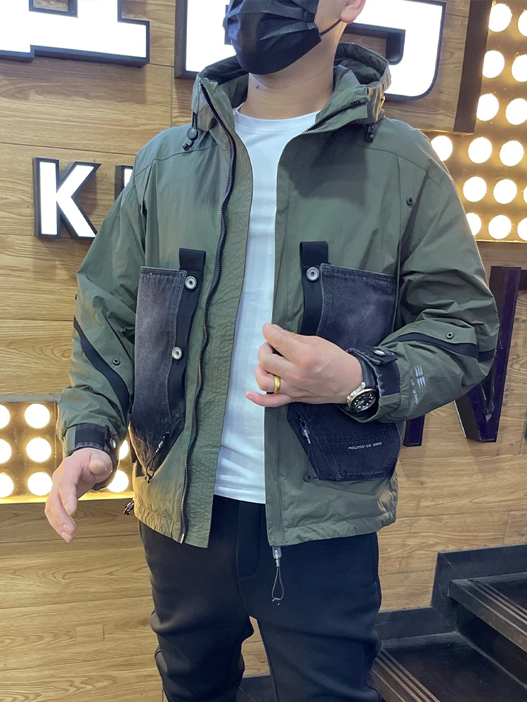 

Casual Loose Men's Denim Patchwork Jaet Spring Faion Hooded Top Youth Sli Workwear Coat Warmth Comfortable Zipper Clo...