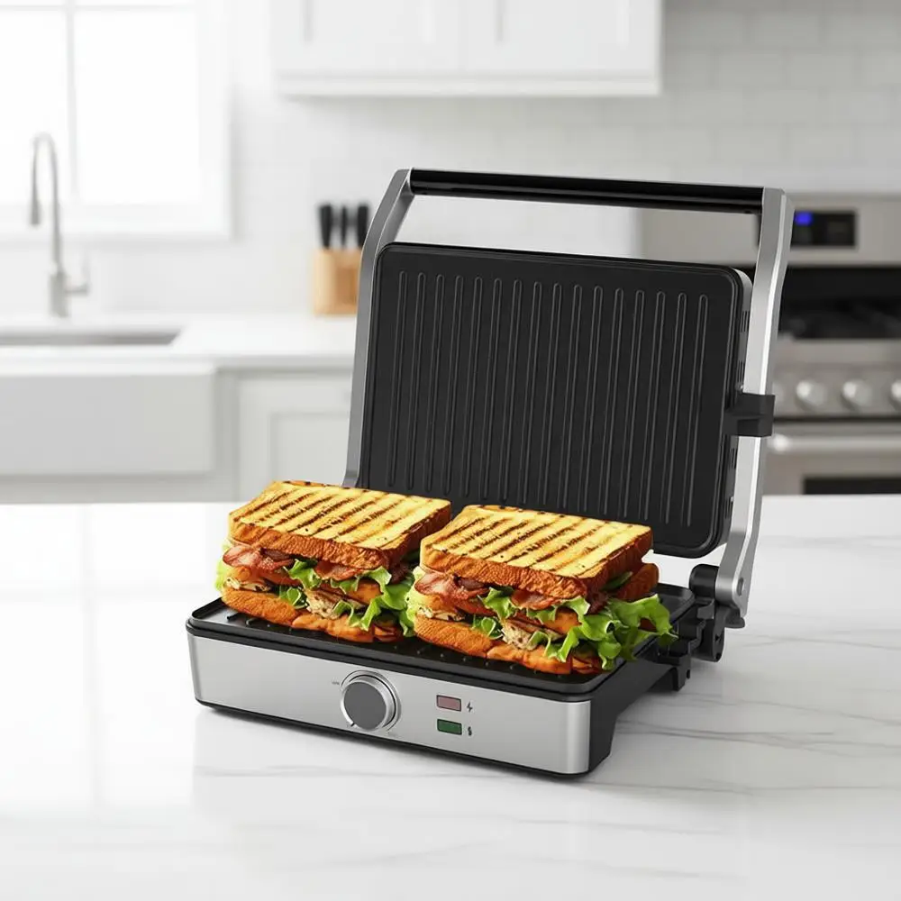 

Electric Sandwich Press Grill, Open 180 Degrees, Indoor, Perfect for Grilling Sandwich, Steak, Burger, Adjustable Temperature Co