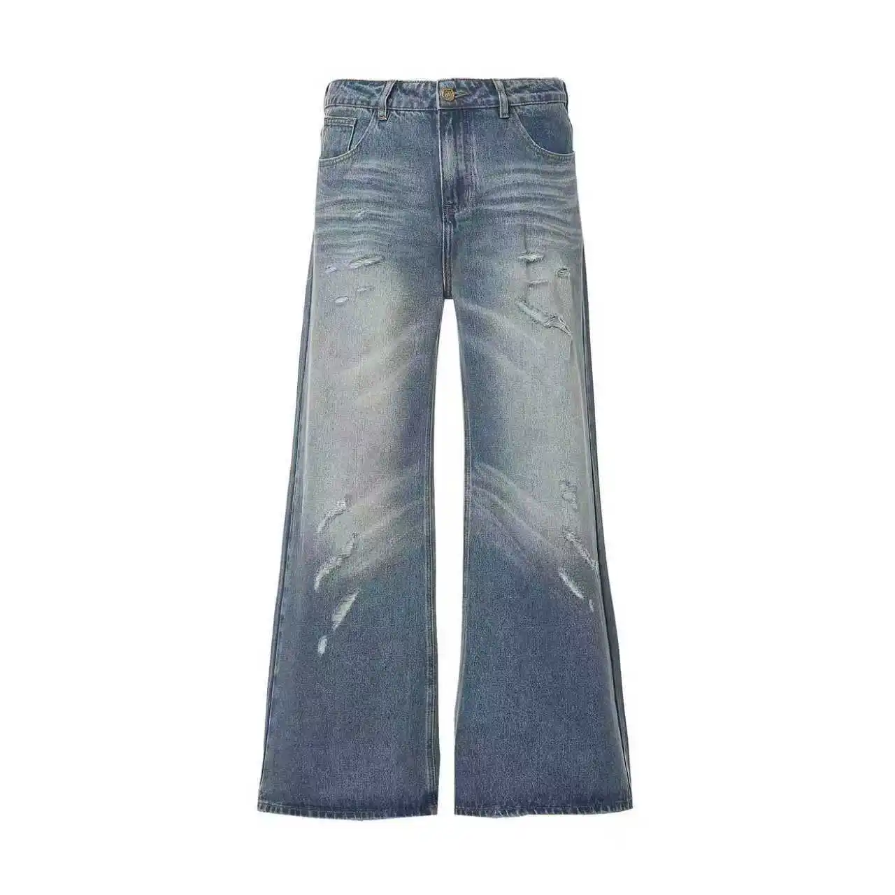

Wide-Leg Flared Jeans, Crinkled, Nano-Washed, Ykk Zipper, Copper Buttons, Unisex Jeans