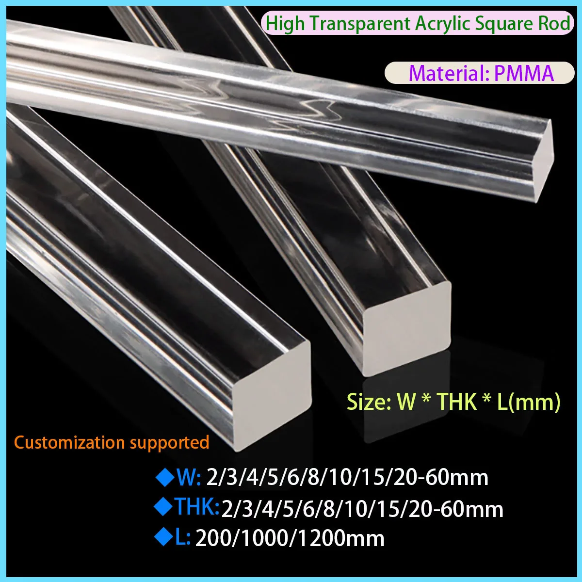 

Machine Glass Square Rod, Square Transparent Acrylic Solid Rod Length 200/1000/1200mm