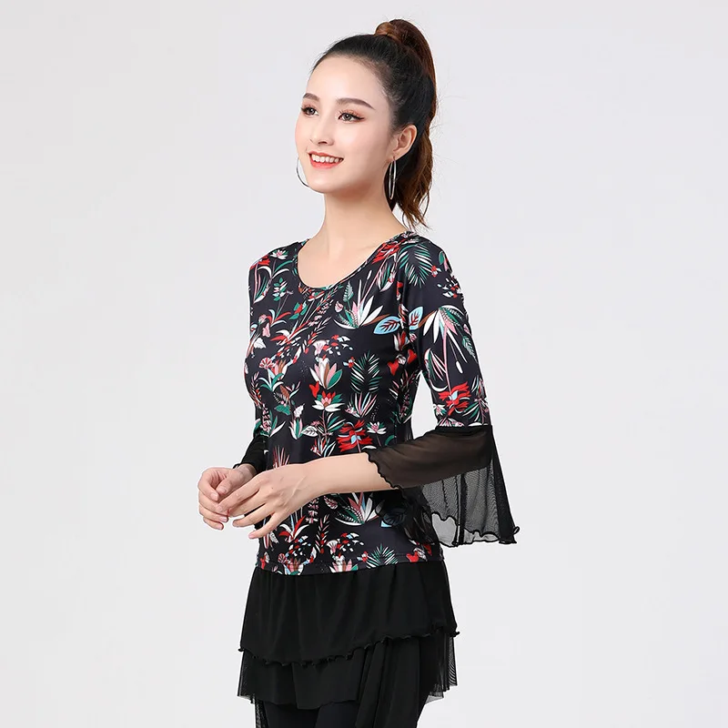 1pcs/lot woman fashion print ballroom dancing top lady waltz dancing floral blouse