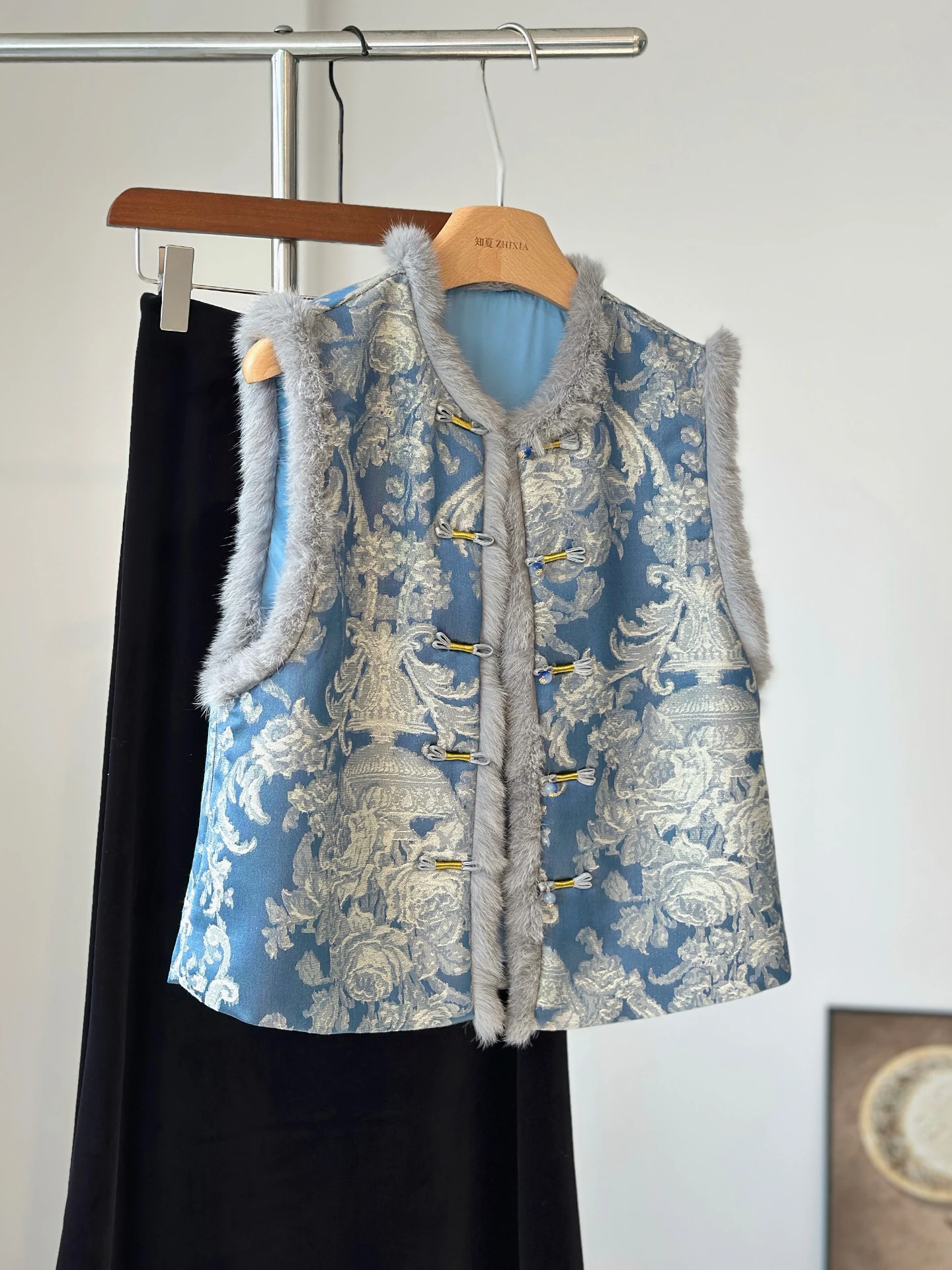 High-End Western Style Blue New Chinese Traditional Cardigan Vest Winter Keep Warm Outerwear Cony Hair Suit