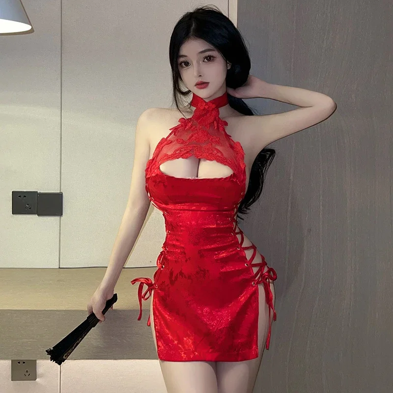 Sexy High Slit Hollow Lace Cheongsam Skirt Set Bandage Pajamas Erotic Lingerie Traditional Chinese Qipao Dress Women Sex Costume