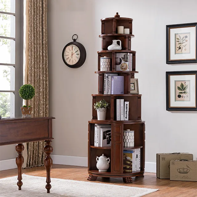 Solid Wood Shelf European Style Rotating Bookcase Living Room Small Bookcase Floor Bookcase