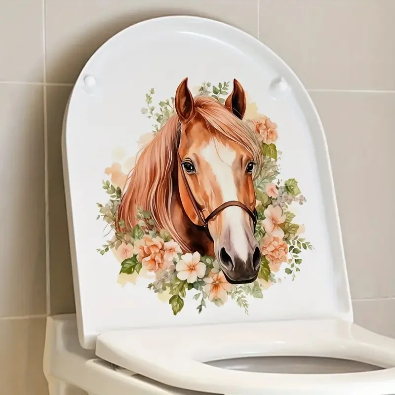 

Horse With Flower Toilet Stickers, Bright Bathroom for Home Decoration, Vinyl Animal Decals, Art Wall paper, Poster