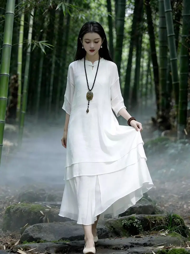 

White Tai Chi Yoga Clothes Set Zen Style Buddhist Series New Chinese Style Dance Practice Shantung Tea Costume Women's Fashion