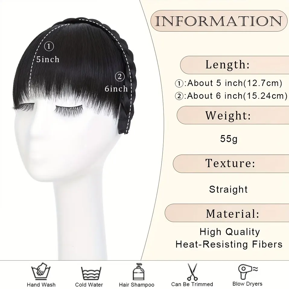 BENEHAIR Braid Headband Synthetic Hair Fringe Headband with Bangs Hairpieces for Daily Wear Women Girls Versatile Bangs