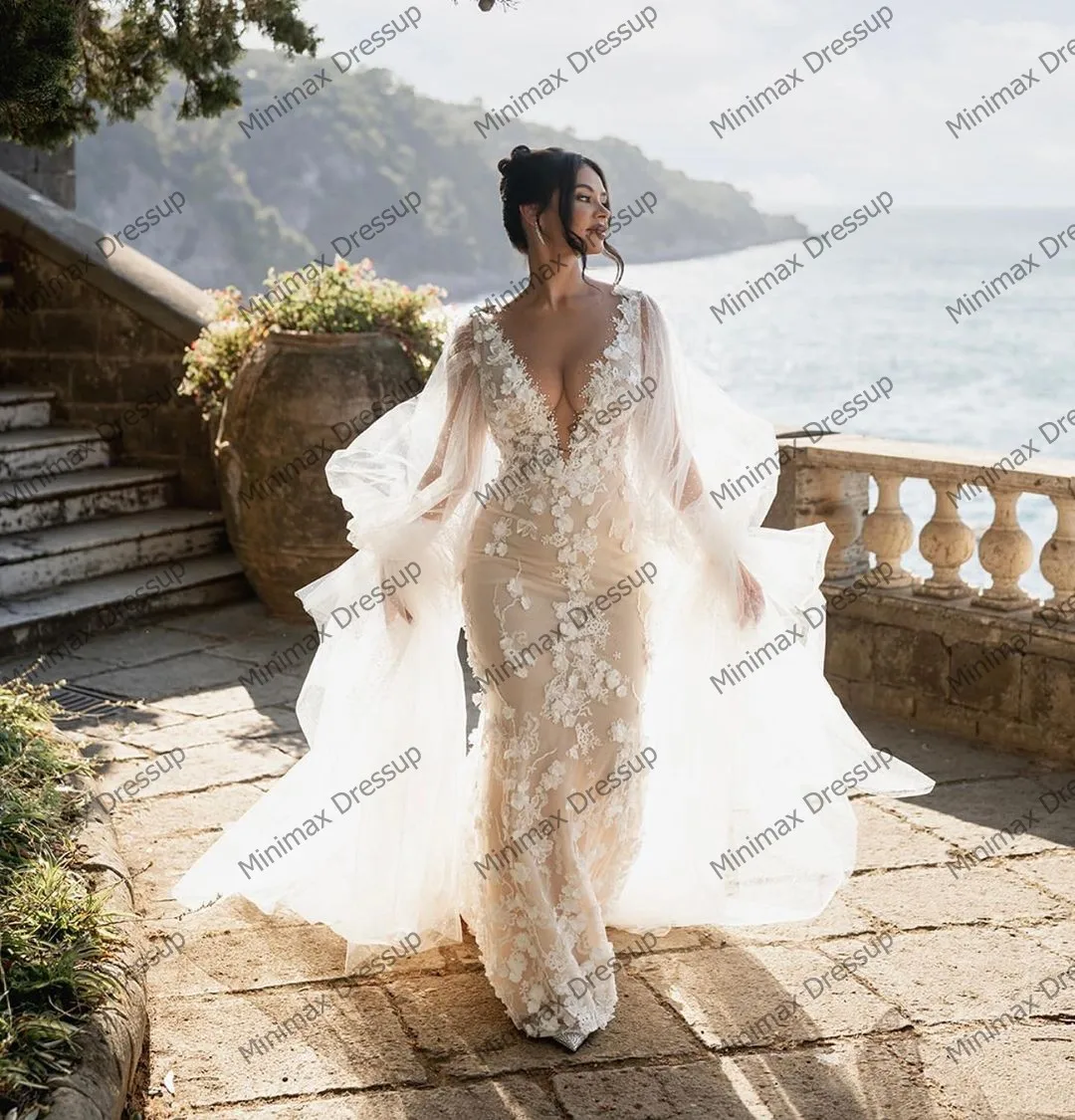 Charming Lace Floral Bridal Dresses Sexy Backless 3D Appliques Mermaid Wedding Gowns Fashion V Neck Ruffles Sleeves Wedding Dres