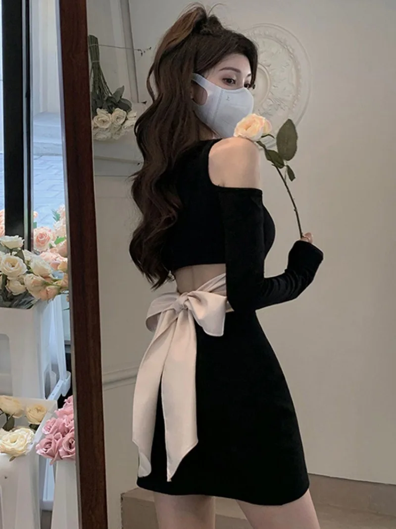 

Shpmishal Pure Desire Style Black Spicy Girl Dress Women's Autumn New Design Sense Bow Tie Slim Fit Wrap Hip Small Gift Dresses