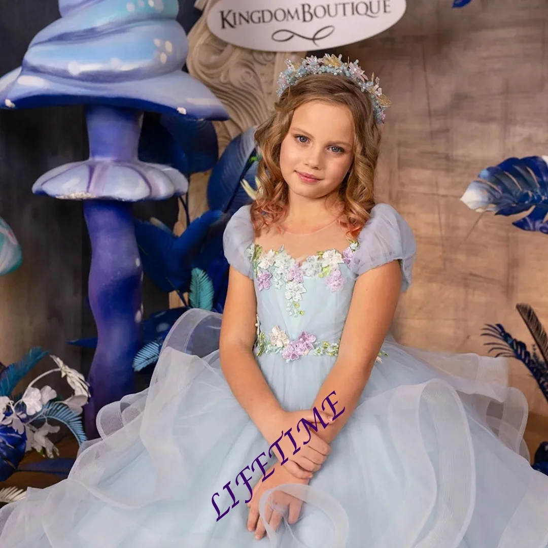 Robe à fleurs pour filles, personnalisée, bleu ciel, superposée, en Tulle, bouffante, pour mariage, fête d'anniversaire pour enfants, robes de bal de première Communion