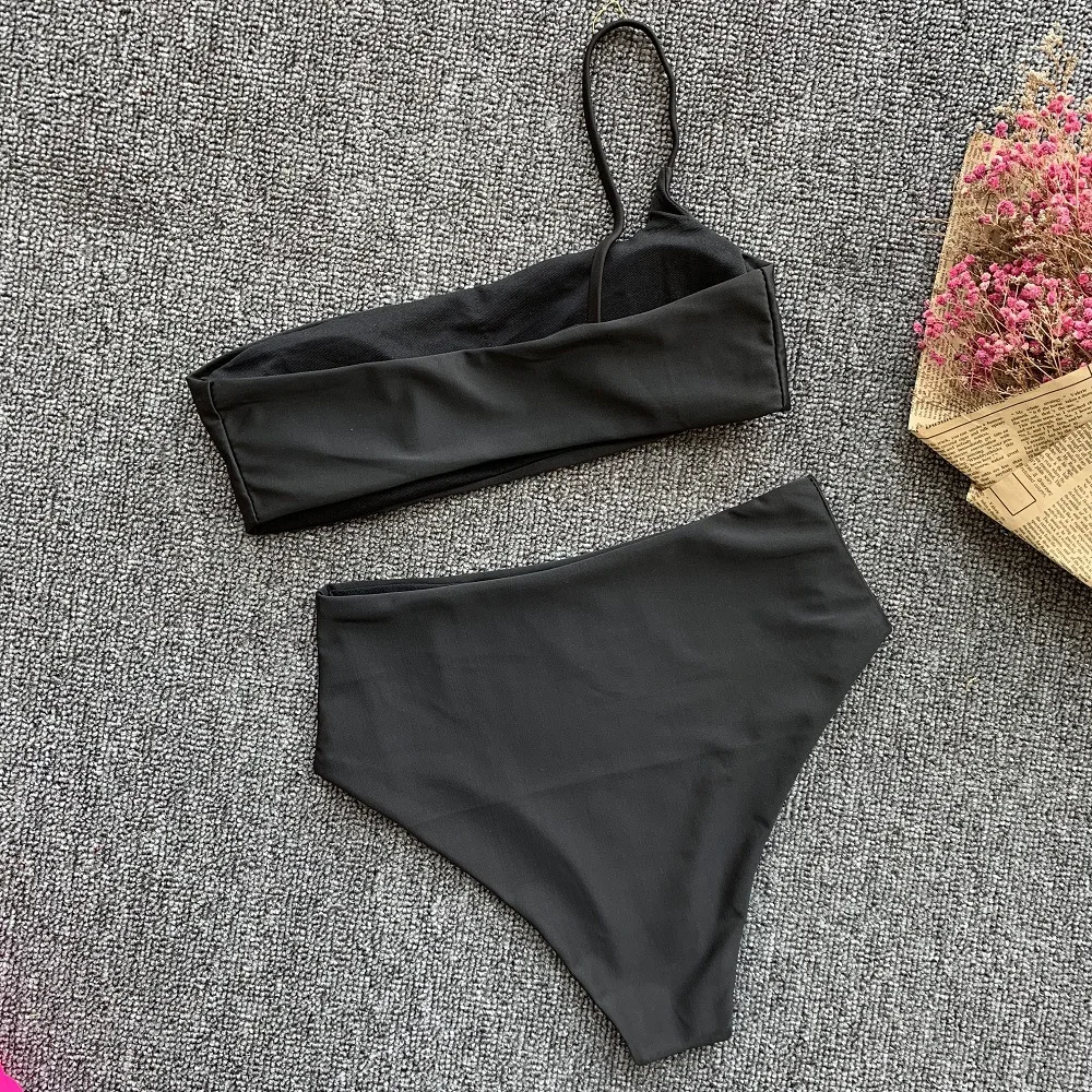 ملابس السباحة النسائية النساء Tankini بلون واحد الكتف ملابس السباحة عالية الخصر عارية الذراعين مثير بيكيني الربيع الساخن قطعتين ملابس السباحة