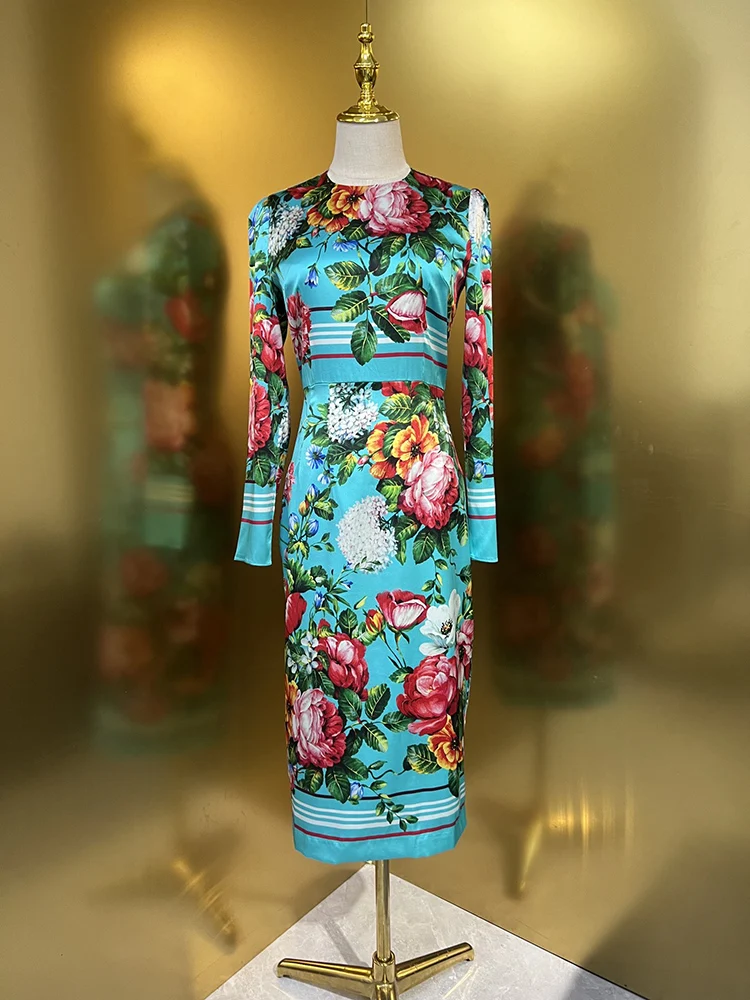 

Women's Flower Printing Midi Dress, High Street, 100% Silk, Fashion, Party, Holiday, Waist-Closing, Sliming