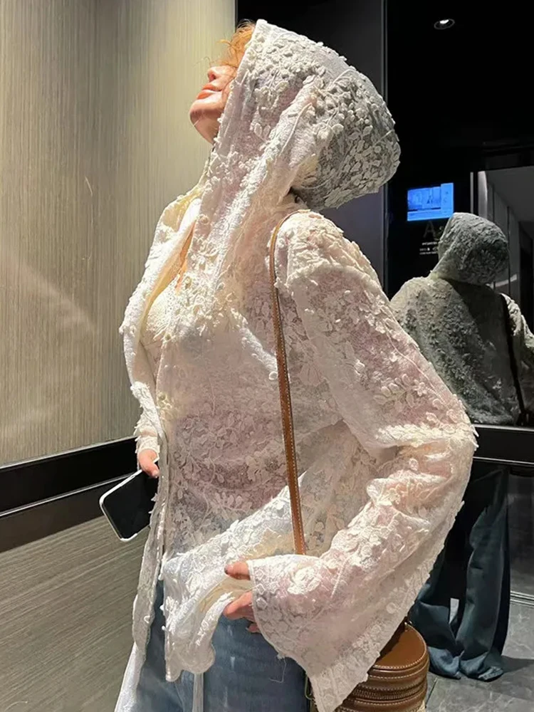 White Lace Sun Protective Blouse for Women Summer Loose Long Sleeve Thin Shirt Y2K Korean Elegant Chic Female Hooded Tops New