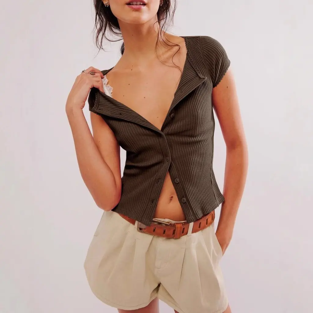 

Summer New Women's Sexy Hot Girl Button Short Sleeve Cardigan Top European American Style Fashion Solid Color T-Shirt