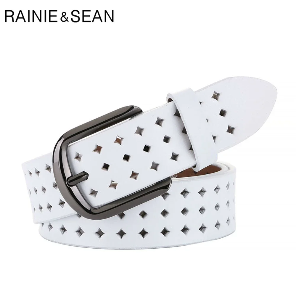 

RAINIE SEAN Red Lady Belts Real Genuine Leather Women Belt Female Strap Vintage Hollow Out Cowskin Waist Belt for Jeans Holes