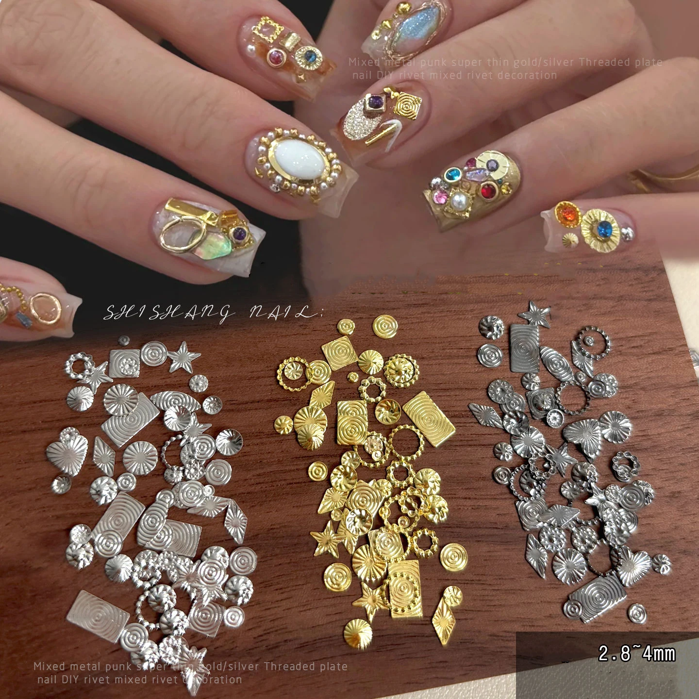 5g Mixed Vintage Punk Metal Nail Charms Rose Gold Silver Thin Threaded Plate Rivet Studs Decorations 3D DIY Manicure Accessories