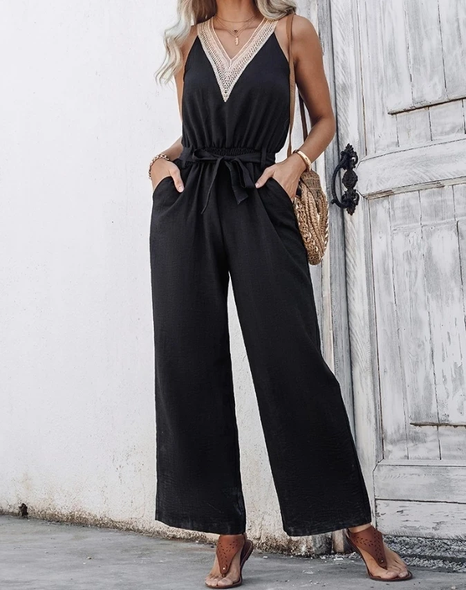 Summer New Fashion Colorblock V-Neck Sleeveless Shirred Tied Detail Cutout Jumpsuit Women's Elegant High Waist Long Jumpsuits