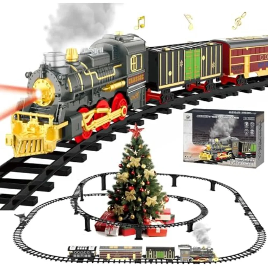 Christmas electric train set for kids: ABS plastic, red blue, with working lights, realistic sounds ON/silent/OFF,safe rounded