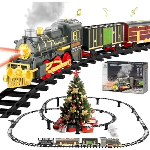 Christmas electric train set for kids: ABS plastic, red blue, with working lights, realistic sounds ON/silent/OFF,safe rounded